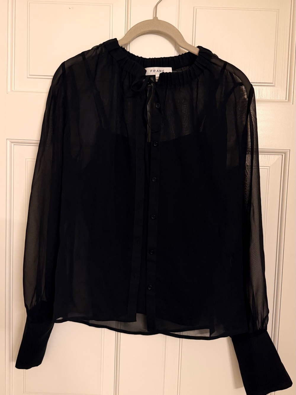 FRAME 100% Silk Sheer Black Long Sleeve Button-Up Shirt Blouse Womens Small